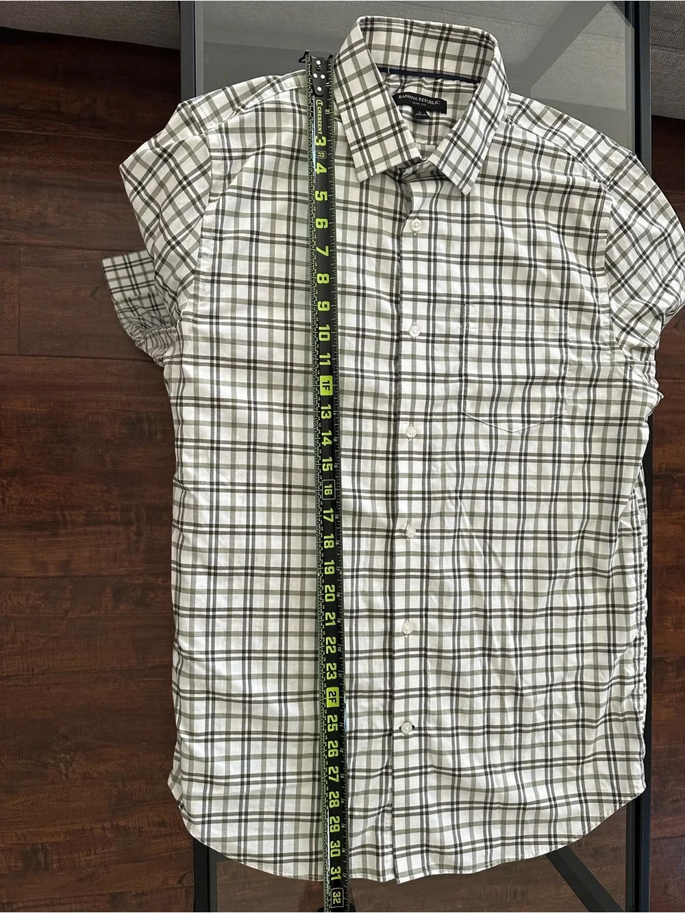Banana Republic Men's Plaid Dress Shirt - White and Olive Green